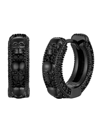 PROSILVER Gotik Schädel Huggie Creolen 11mm kleine Klappcreolen mit schwarz Zirkonia Totenkopf Street Style Eboy Ohr Piercing Unisex Schmuck Accessoire von PROSILVER
