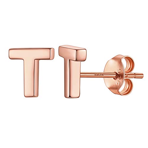 PROSILVER Initiale Piercing Ohrringe Damen Mädchen kleine Ohrstecker Buchstabe T Rosegold vergoldet Silber Alphabet Ohr Schmuck Accessoire klassische Stud Earrings für Weihnachten von PROSILVER