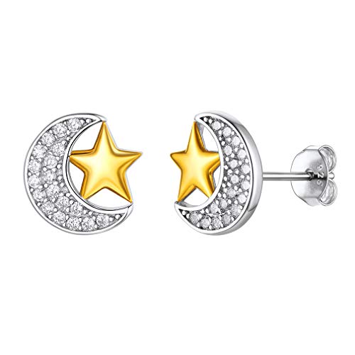 PROSILVER Mond Stern Ohrstecker Ohrringe Damen 925 Sterling Silber & 18k vergoldet zweifarbige Ohr Piercing Stud Earrings trendiger Schmuck Accessoire für Weihnachten Jahrestag von PROSILVER