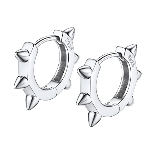 PROSILVER Punk Stil 10mm Huggie Ohrringe Damen Herren 925 Sterling Silber kleine Creolen mit Spike Nieten Hoop Earrings Hip Hop Schmuck Accessoire für Männer Frauen von PROSILVER