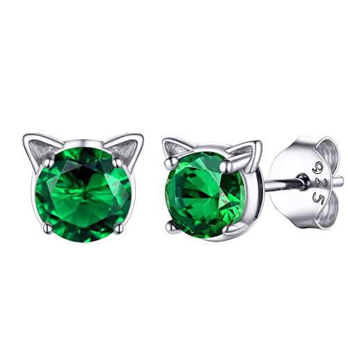 PROSILVER Süße Katze Ohrringe mit Zirkonia, Geburtsstein Mai Ohrstecker 925 Silber schlichte Damen Mädchen Piercing Ohrringe Ohrschmuck Accessoire für Valentinstag von PROSILVER