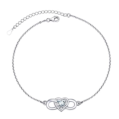 PROSILVER dünne Fußkettchen mit Herz Zirkonia Damen Silber 925 22+5cm Unendlichkeit Fußarmband mit April Geburtsstein Sommer Strand Knöchel Armband Schmuck Accessoire von PROSILVER