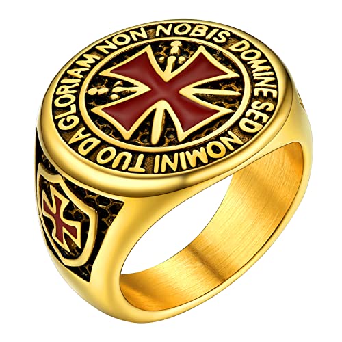 PROSTEEL Herren Ritter Ring 18k vergoldet Größe 54 Tempelritter Siegelring Statement Ring Modeschmuck Accessoire für Biker Rapper von PROSTEEL