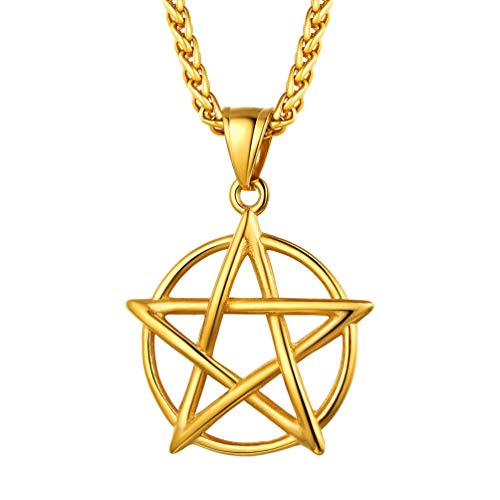 PROSTEEL 18k vergoldet Solomon Pentagramm Anhänger Halskette Satan Stern mit Kreis Glückbringer Amulett mit 55+5cm/3mm Weizenkette Verehrung Modeschmuck für Geburtstag von PROSTEEL