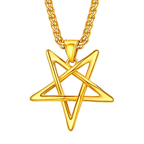 PROSTEEL 18k vergoldet Solomon Pentagramm Anhänger Halskette umgekehrt Stern Glückbringer Amulett mit 55+5cm/3mm Weizenkette Satan Verehrung Modeschmuck für Geburtstag von PROSTEEL
