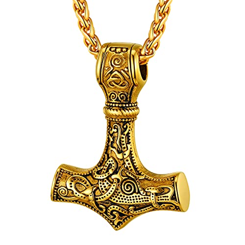 PROSTEEL 18k vergoldet Talisman Thorshammer Anhänger Halskette Nordische Amulett Thor Hammer Mjölnir mit 55+5cm Weizenkette Wikinger Keltischer Knoten Modeschmuck Accessoire für Herren von PROSTEEL