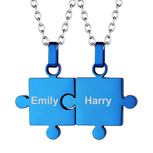 PROSTEEL 2PCs Puzzle Kette Set personalisiert blau Puzzle-Teile Anhänger mit Edelstahl Rolokette 55cm 2mm Name Gravur ModeSchmuck Accessoire für Freundschaft Liebepaar von PROSTEEL