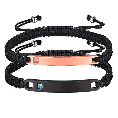 PROSTEEL 2Pcs Nylon Armbänder für Liebespaar 16-26cm verstellbare schwarz geflochtene Armkette mit personalisierten Edelstahl ID-Platte Namen Gravur Schildarmbänder Schmuck für Damen Herren von PROSTEEL