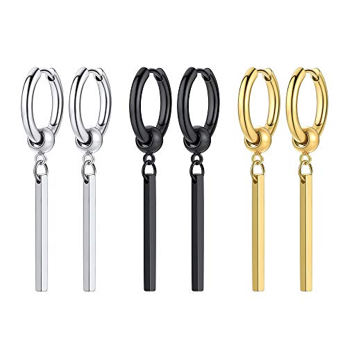 PROSTEEL 3 Paare Huggie Ohrhänger Set, Edelstahl Mini Creolen mit 25mm Stäbchen Anhänger Schwarz Silber Gold Gotik Punk Stil Ohr Piercing Schmuck Accessoire für Männer Frauen von PROSTEEL