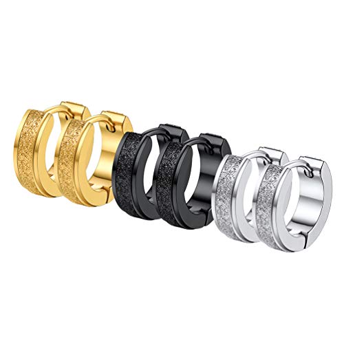 PROSTEEL 3 Paare Mini Huggie Ohrringe Set Edelstahl/18k vergoldet 13mm Sandgestrahlt Creolen Ohrstecker Gotik Punk Stil Helix Lobe Ohr Piercing Ohr Schmuck für Frauen Männer von PROSTEEL