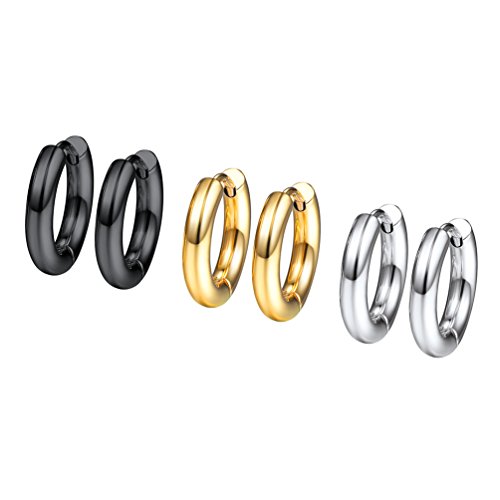 PROSTEEL 3 Paare Ohrringe Set 10mm Creolen Huggie Kreolen Ohrringe Edelstahl Hoop Klappcreolen Ohr Piercing Gold Schwarz Silber 3 Farbe Set von PROSTEEL