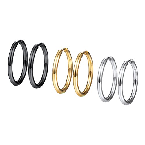 PROSTEEL 3 Paare Ohrringe Set 20mm Creolen Huggie Kreolen Ohrringe Edelstahl Hoop Klappcreolen Ohr Piercing Gold Schwarz Silber 3 Farbe Set von PROSTEEL