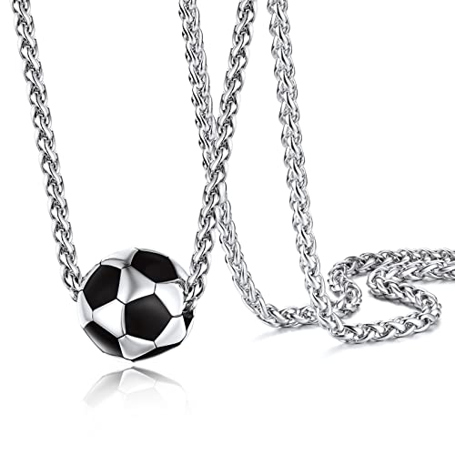 PROSTEEL 3D Fußball Form Charms Halskette Edelstahl Anhänger mit 55+5cm Weizenkette Damen Herren Ball Form Modeschmuck Accessoire für Fußballfans von PROSTEEL