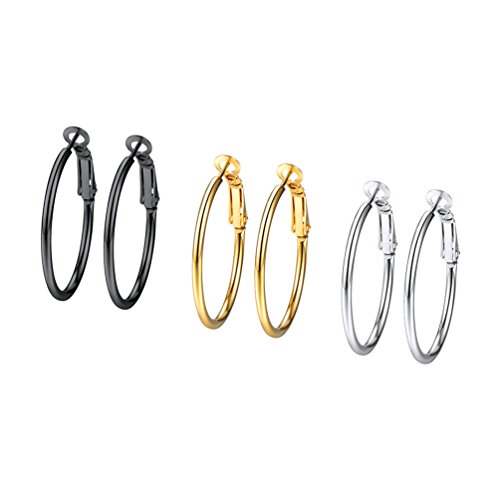 PROSTEEL 3er Ohrringe Set 30mm Damen Creolen Huggie Kreolen Ohrringe Edelstahl Hoop Klappcreolen Ohr Piercing Gold Schwarz Silber 3 Farbe Set von PROSTEEL