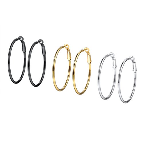 PROSTEEL 3er Ohrringe Set 40mm Damen Creolen Huggie Kreolen Ohrringe Edelstahl Hoop Klappcreolen Ohr Piercing Gold Schwarz Silber 3 Farbe Set von PROSTEEL