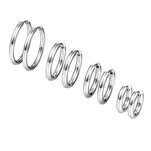 PROSTEEL 4 Paare Creolen Ohrringe Set Huggie Kreolen Ohrringe Edelstahl Hoop Klappcreolen Ohr Piercing 10mm 14mm 16mm 20mm 4 Größe Set, silber von PROSTEEL