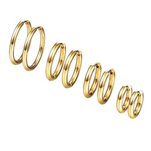 PROSTEEL 4 Paare Creolen Ohrringe Set Huggie Kreolen Ohrringe Edelstahl Hoop Klappcreolen Ohr Piercing 10mm 14mm 16mm 20mm 4 Größe Set, gold von PROSTEEL