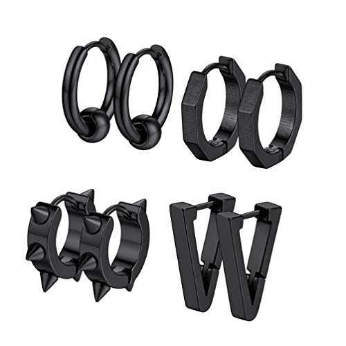 PROSTEEL 4 Paare Ohrstecker Set Schwarz Mini Huggie in verschiedene Form Creolen Klappcreolen Ohrringe Punk Gotik Ohr Piercing Zubehören für Männer Frauen von PROSTEEL