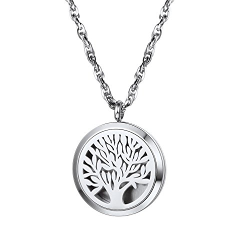 PROSTEEL Ätherische Öle Diffusor Anhänger Halskette Edelstahl Damen Herren Medaillon mit Kette Hohl Baum des Lebens Parfüm Aromatherapie Floating Locket mit 8 Pads Geschenk für (Silber) von PROSTEEL