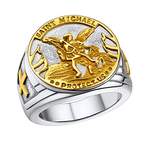 PROSTEEL Amulett Schutzpatron Siegelring Edelstahl Größe 64 18k vergoldet St. Michael der Erzengel Motivring Herren Schutzengel Modeschmuck Accessoire für Geburtstag von PROSTEEL