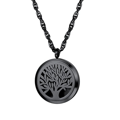 PROSTEEL Parfüm Anhänger Halskette Schwarz Edelstahl Damen Herren Hohl Baum des Lebens Medaillon Ätherische Öle Diffusor Floating Locket mit Kette Schmuck Aromatherapie Accessoire mit 8 bunten Pads von PROSTEEL