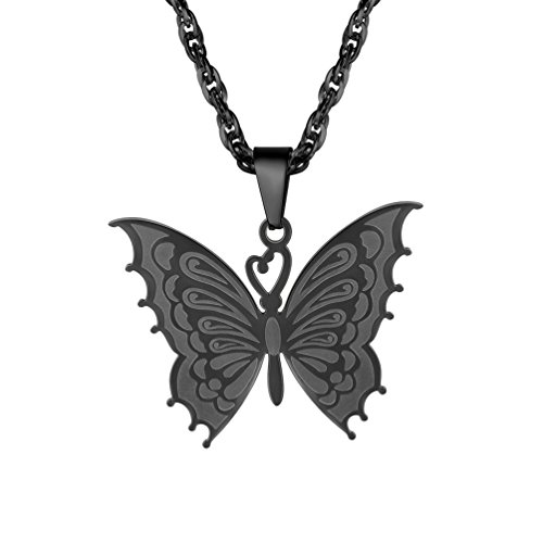 PROSTEEL Damen Mädchen Schmetterling Anhänger Halskette, schwarz Edelstahl Kettenanhänger mit 55+5cm Singapurkette Geschenk für Geburtstag Valentinstag von PROSTEEL