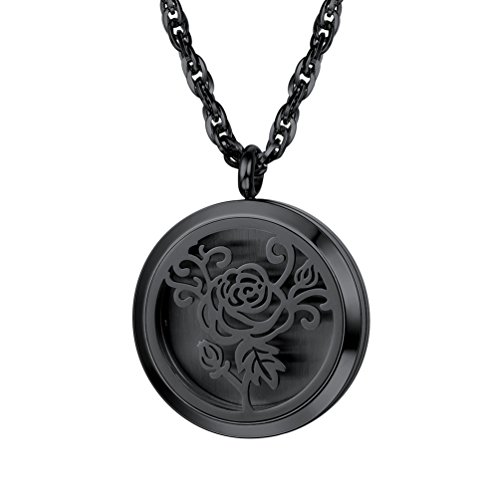 PROSTEEL Parfüm Anhänger Halskette Schwarz Edelstahl Damen Herren Hohl Rose Blume Medaillon Ätherische Öle Diffusor Floating Locket mit Kette Schmuck Aromatherapie Accessoire mit 8 bunten Pads von PROSTEEL