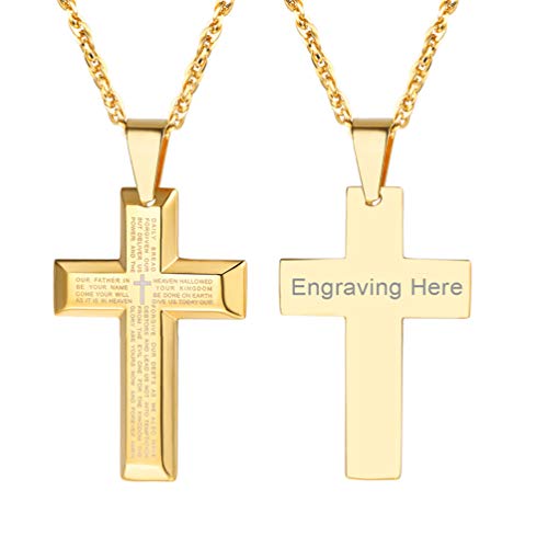 PROSTEEL Anhänger Halskette personalisiert Vaterunser Kreuz Name Texte Gravur Bibel Gebel Anhänger 18k vergoldet Singapurkette 60cm religiöser Schmuck Geschenk für Männer Frauen(gold) von PROSTEEL