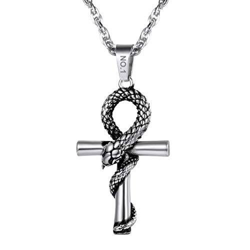 PROSTEEL Ankh Kreuz Anhänger Halskette Edelstahl Schlange schlingt Nilschlüssel Altägyptischer personalisiert Schmuck für Männer Frauen, Silber von PROSTEEL