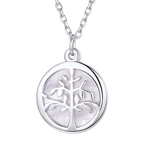 PROSTEEL Baum des Lebens Collier 925er Silber Damen Runde Anhänger mit Muschelschale 1,5mm 46+5cm Rolokette Religiöser Mädchen Schmuck Weihnachten Geburtstag Muttertag von PROSTEEL