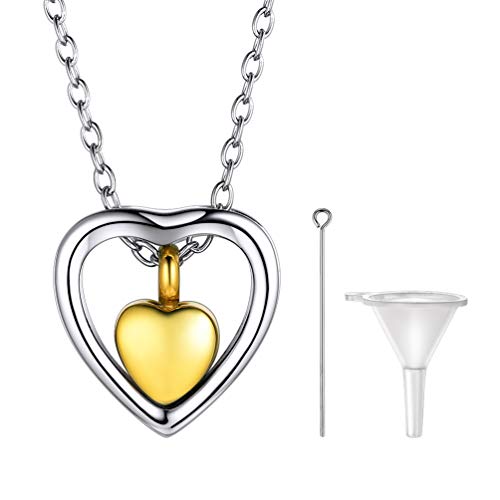 PROSTEEL Collier Doppel Herz Anhänger Halskette Gold&Silber zweifarbig Erinnerung Asche Urne Kette Edelstahl verstellbar Rolokette wasserdicht Memorial Cremation Modeschmuck von PROSTEEL