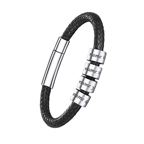 PROSTEEL Damen Armkette personalisiert geflochtene Faux Lederarmband mit 4 Ringen Familien Freunden Namen Gravur schwarz Kordelkette 18cm lang Charms-Armbänder Geschenk für Partnerschaft von PROSTEEL