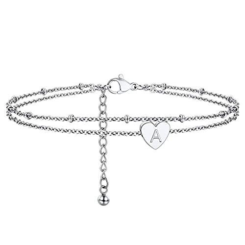 PROSTEEL Damen Buchstabe A Fußkettchen Edelstahl Herz Charm mit 22+5cm zweilagige Strand Fußkette Initiale Knöchel Armband für Mädchen Sommer Fuß Schmuck Accessoire von PROSTEEL