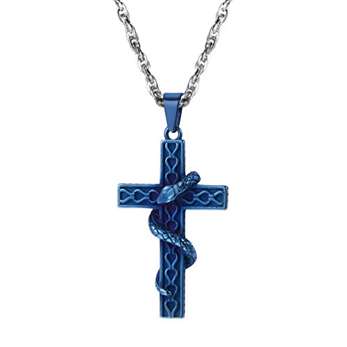 PROSTEEL Halskette Edelstahl Äskulapstab Schlangenstab Kreuz mit Schlange Anhänger Halskette Modeschmuck für Herren, Blau von PROSTEEL