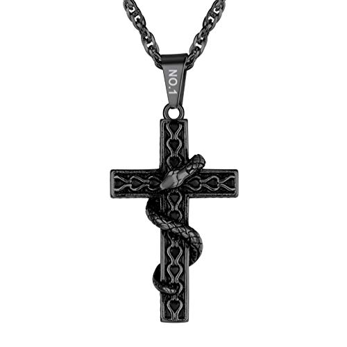 PROSTEEL Herren Halskette schwarz Edelstahl Äskulapstab Schlangenstab personalisiert Kreuz mit Schlange Anhänger Halskette Modeschmuck für Männer Jungen von PROSTEEL