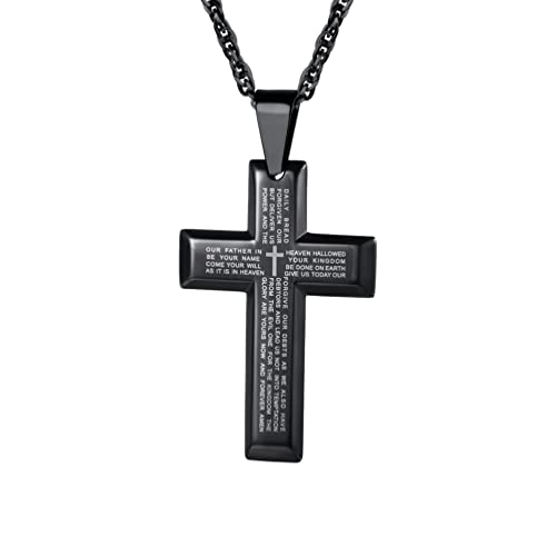 PROSTEEL Vaterunser Kreuz Anhänger Halskette Edelstahl mit schwarzem Metall plattiert Kreuzanhänger mit Englischer Inschrift Bibel Gebet Schmuck für Herren Damen, schwarz von PROSTEEL