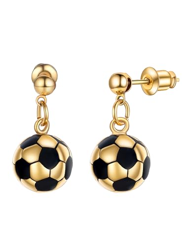 PROSTEEL Damen Mädchen Ohrringe 3D Fußball Design Ohrhänger 18k vergoldet Edelstahl Ball Form Ohrringe Ohrschmuck, gold von PROSTEEL