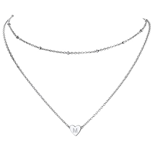 PROSTEEL Damen Schlüsselbein Kette Buchstabe M Edelstahl doppellagige Halskette mit Herz Charms Schlichte Mädchen Kurze Kette Modeschmuck Accessoire Collarbone Chain Necklace von PROSTEEL