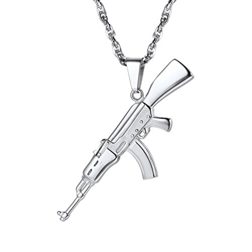 PROSTEEL Herren Halskette AK47 Armee Gewehr Anhänger Edelstahl Herren Jungen Rock Stil Modeschmuck mit 60cm Singapurkette, Silber von PROSTEEL