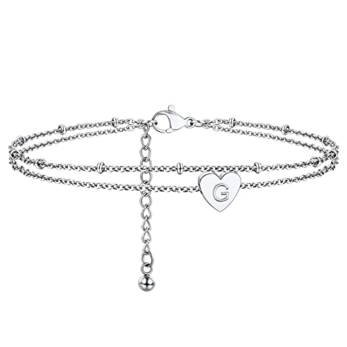 PROSTEEL Damen doppellagige Fußkette Edelstahl Buchstabe G Fußkettchen 22+5cm mit Herz Charms schlichte Strand Initiale Fußschmuck Accessoire für Mädchen für Geburtstag von PROSTEEL