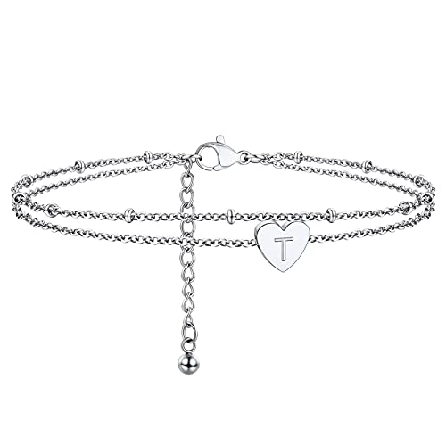 PROSTEEL Damen doppellagige Fußkette Edelstahl Buchstabe T Fußkettchen 22+5cm mit Herz Charms schlichte Strand Initiale Fußschmuck Accessoire für Mädchen für Geburtstag von PROSTEEL