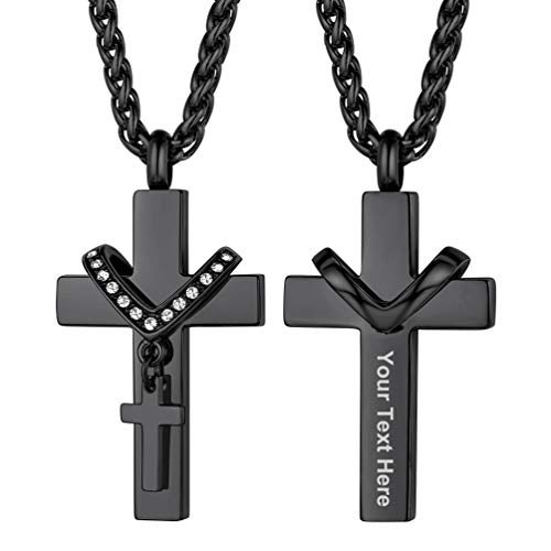 PROSTEEL Doppel Kreuz Urne Kette schwarz Edelstahl personalisiert Asche Gedenk Anhänger mit 55+5cm Weizenkette Erinnerung an Haustiere Hunde Katze Schmuck für Männer Frauen von PROSTEEL