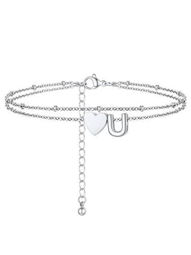 PROSTEEL Doppelte Fußkette Damen, Buchstabe U Fußkettchen mit Herz, Sommer Strand wasserfeste Fusskette für Mädchen Frauen von PROSTEEL