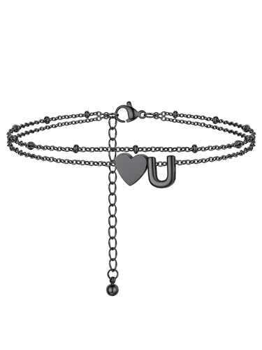 PROSTEEL Doppelte Fußkette Damen, Buchstabe U Fußkettchen mit Herz, schwarze Strand Fusskette für Frauen von PROSTEEL