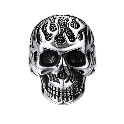 PROSTEEL Gotik Flamme Totenkopf Ring für Männer Edelstahl Herren Punk Stil Ring mit Totenschädel Größe 64 Biker Motorradfahrer Fingerring Modeschmuck Accessoire von PROSTEEL