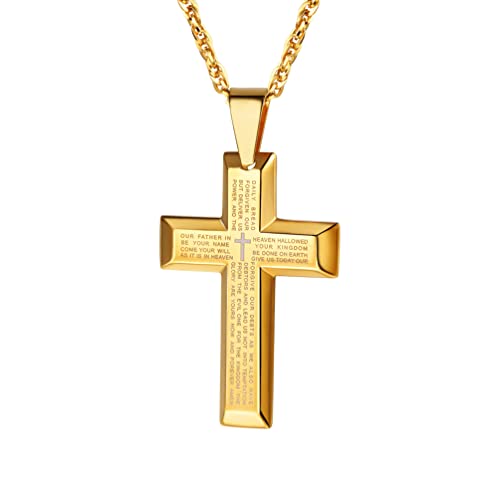 PROSTEEL Vaterunser Kreuz Anhänger Halskette 18k vergoldet Edelstahl Kreuzanhänger mit Englischer Inschrift Bibel Gebet Schmuck für Herren Damen, Gold von PROSTEEL