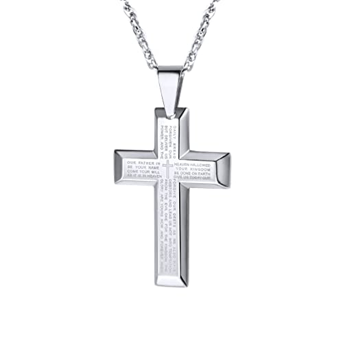 PROSTEEL Edelstahl Vaterunser Kreuz Anhänger Halskette Kreuzanhänger mit Englischer Inschrift Bibel Gebet Schmuck für Herren Damen, Silber von PROSTEEL