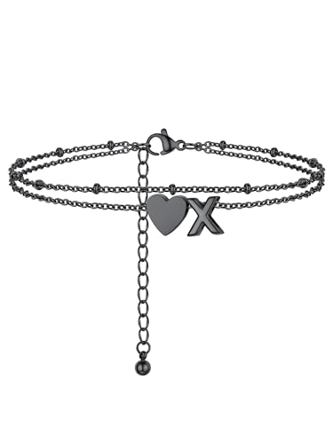PROSTEEL Fusskette frauen, Schwarz Herz Fußkettchen mit Buchstabe X, Doppelte Fusskette 22cm lang von PROSTEEL