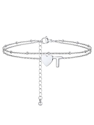 PROSTEEL Fussketten frauen, Silber Herz Fußkette mit Buchstabe T, wasserfeste Doppelte Fußkettchen 22cm lang von PROSTEEL