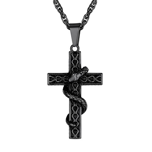 PROSTEEL Halskette Edelstahl Äskulapstab Schlangenstab Kreuz mit Schlange Anhänger Halskette Modeschmuck für Herren, Schwarz von PROSTEEL